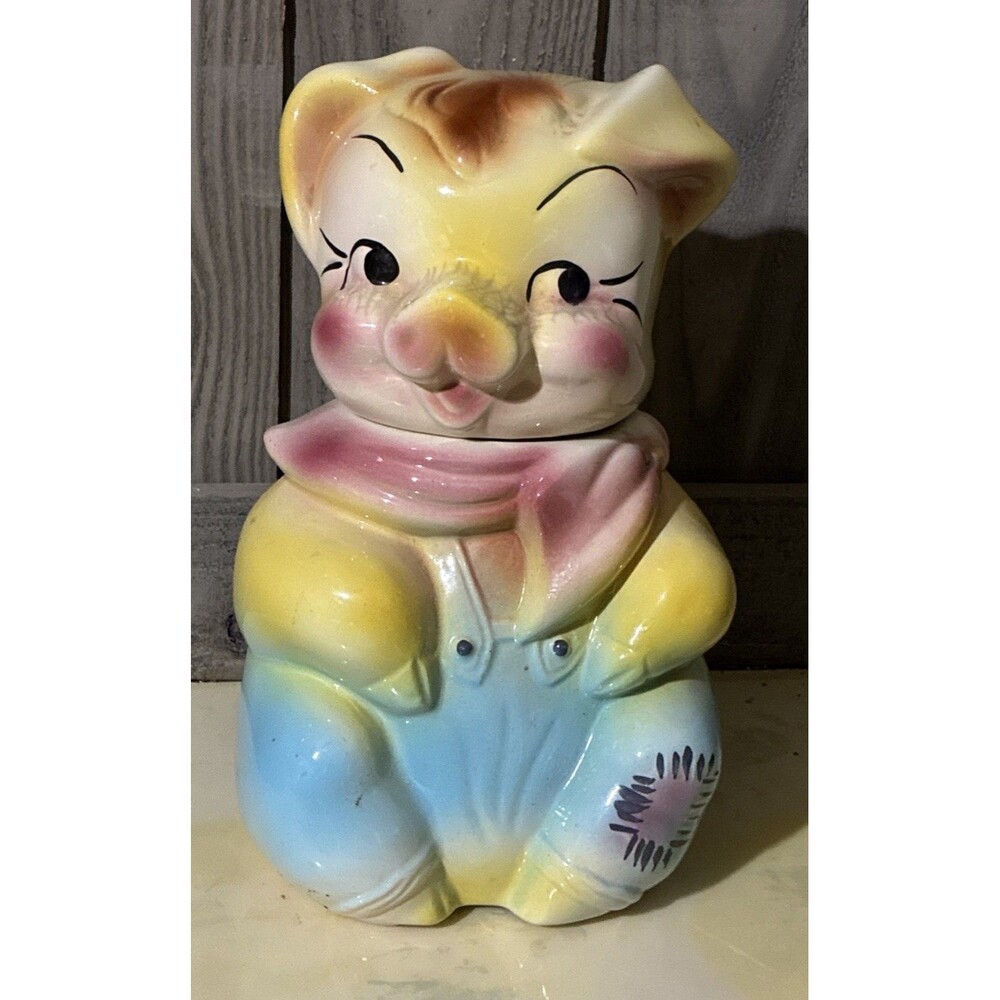 Vintage American Bisque Pig Cookie Jar Boy Blue Yellow Pink Overalls